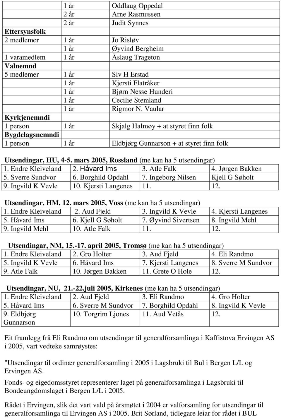 Vaular Kyrkjenemndi 1 person 1 år Skjalg Halmøy + at styret finn folk Bygdelagsnemndi 1 person 1 år Eldbjørg Gunnarson + at styret finn folk Utsendingar, HU, 4-5.