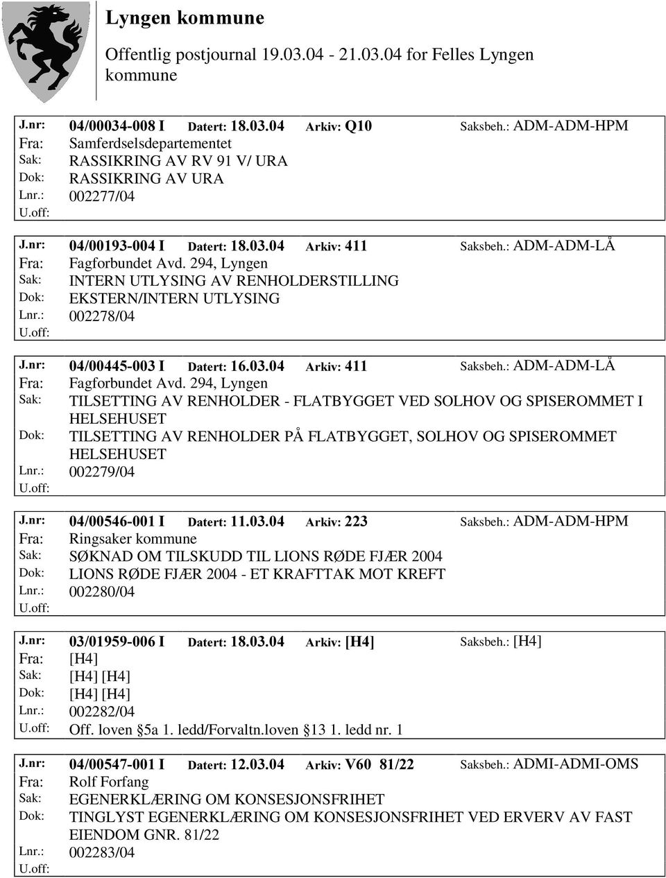 294, Lyngen Sak: INTERN UTLYSING AV RENHOLDERSTILLING Dok: EKSTERN/INTERN UTLYSING Lnr.: 002278/04 -QU, 'DWHUW $UNLY Saksbeh.