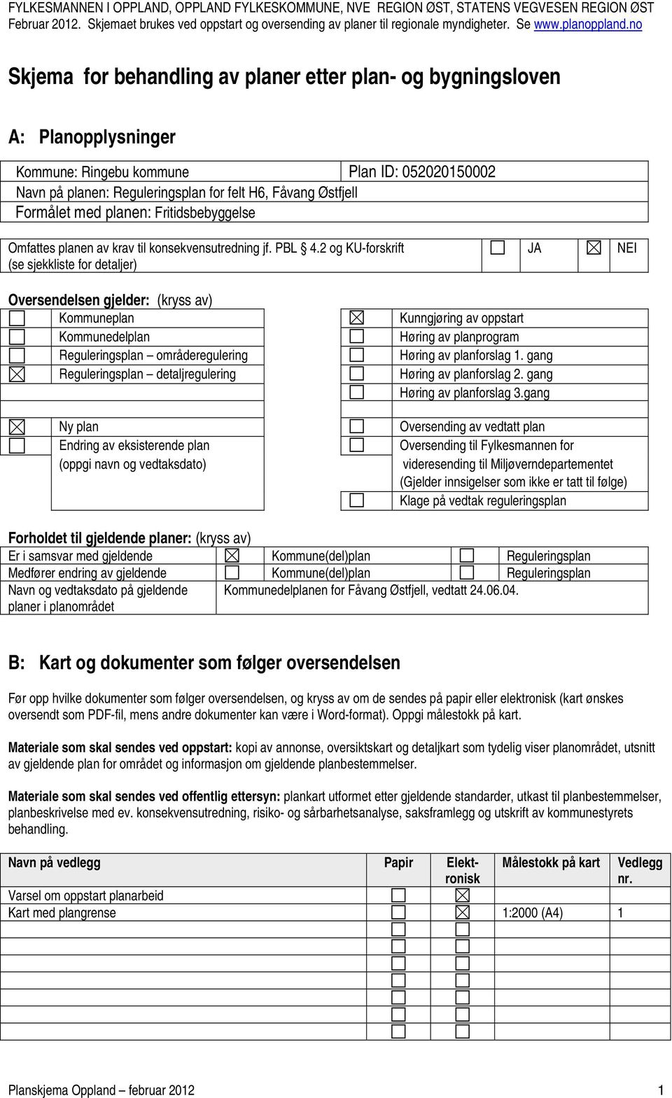 Navn på planen: Reguleringsplan for felt H6, Fåvang Østfjell Formålet med planen: Fritidsbebyggelse Omfattes planen av krav til konsekvensutredning jf. PBL 4.