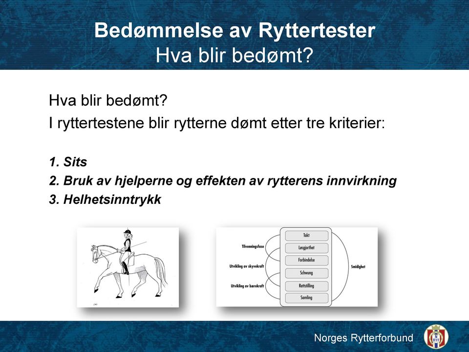 I ryttertestene blir rytterne dømt etter tre