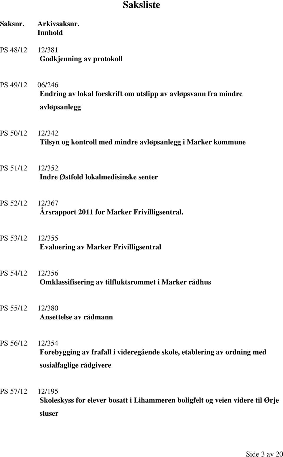 avløpsanlegg i Marker kommune PS 51/12 12/352 Indre Østfold lokalmedisinske senter PS 52/12 12/367 Årsrapport 2011 for Marker Frivilligsentral.