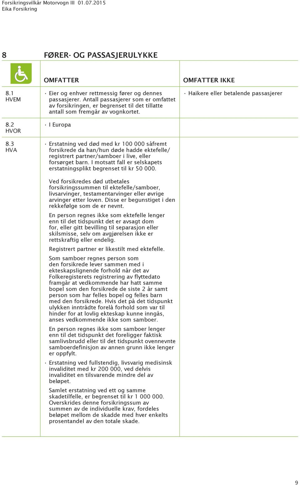 3 Erstatning ved død med kr 100 000 såfremt forsikrede da han/hun døde hadde ektefelle/ registrert partner/samboer i live, eller forsørget barn.