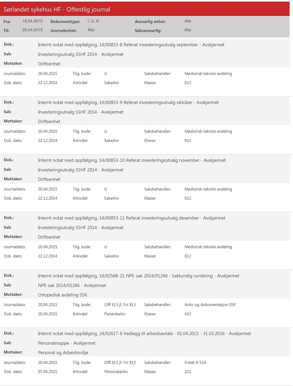 Internt notat med oppfølging, 14/00853-9 Referat investeringsutvalg oktober - Investeringsutvalg SSHF 2014 - Driftsenhet Medisinsk teknisk avdeling Dok. dato: 22.12.