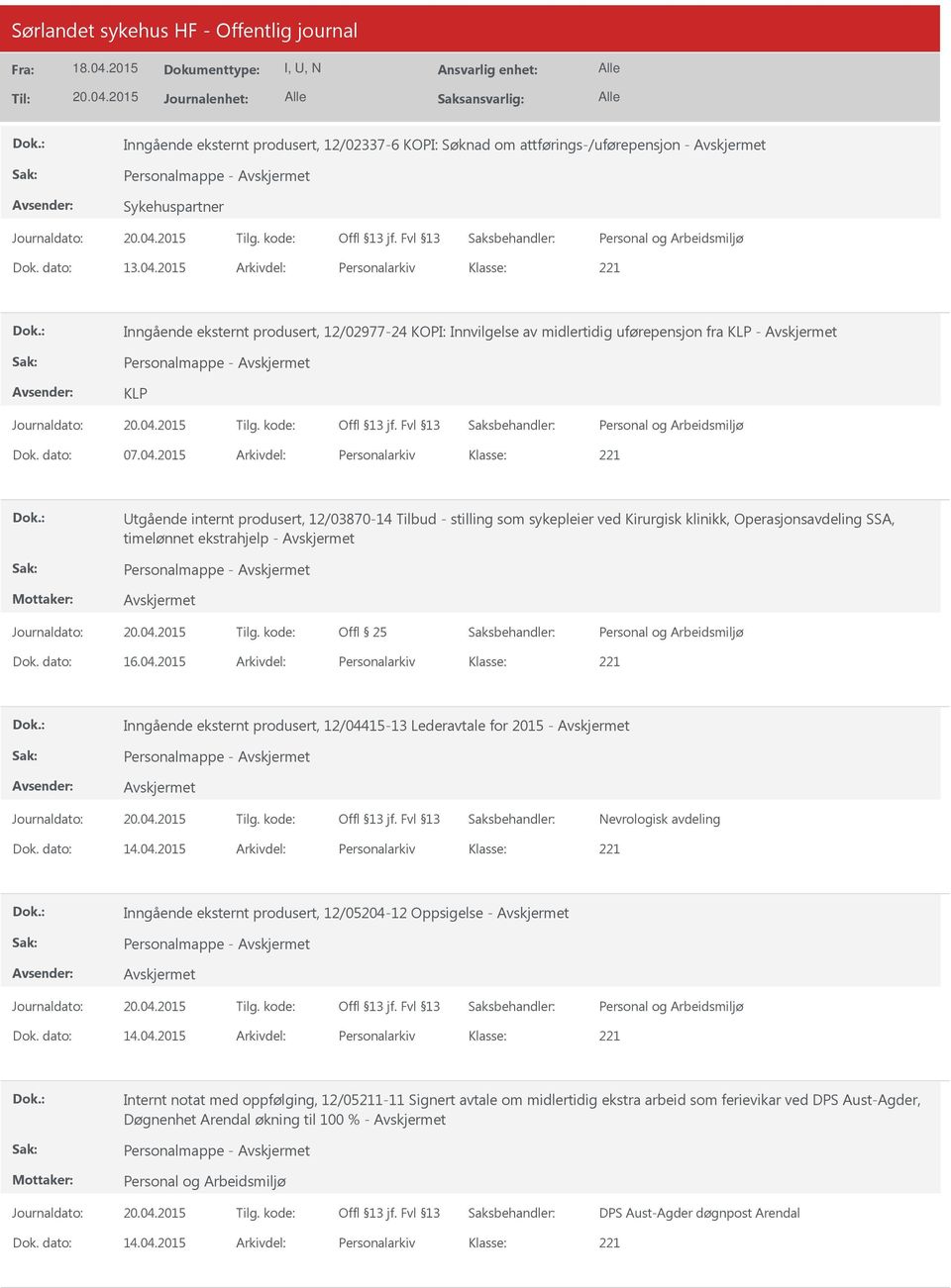 2015 Arkivdel: Personalarkiv tgående internt produsert, 12/03870-14 Tilbud - stilling som sykepleier ved Kirurgisk klinikk, Operasjonsavdeling SSA, timelønnet ekstrahjelp - Personalmappe - Dok.