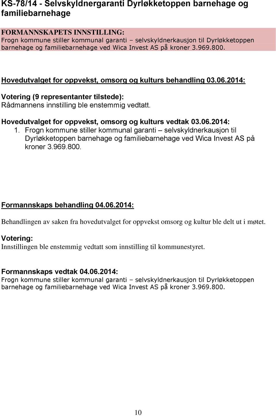 2014: Votering (9 representanter tilstede): Rådmannens innstilling ble enstemmig vedtatt. Hovedutvalget for oppvekst, omsorg og kulturs vedtak 03.06.2014: 1.