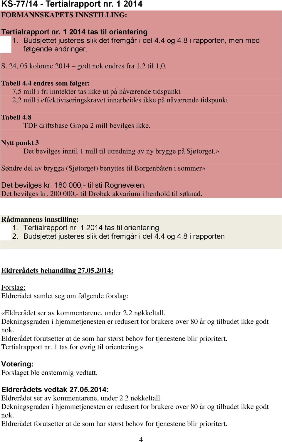 4 endres som følger: 7,5 mill i fri inntekter tas ikke ut på nåværende tidspunkt 2,2 mill i effektiviseringskravet innarbeides ikke på nåværende tidspunkt Tabell 4.