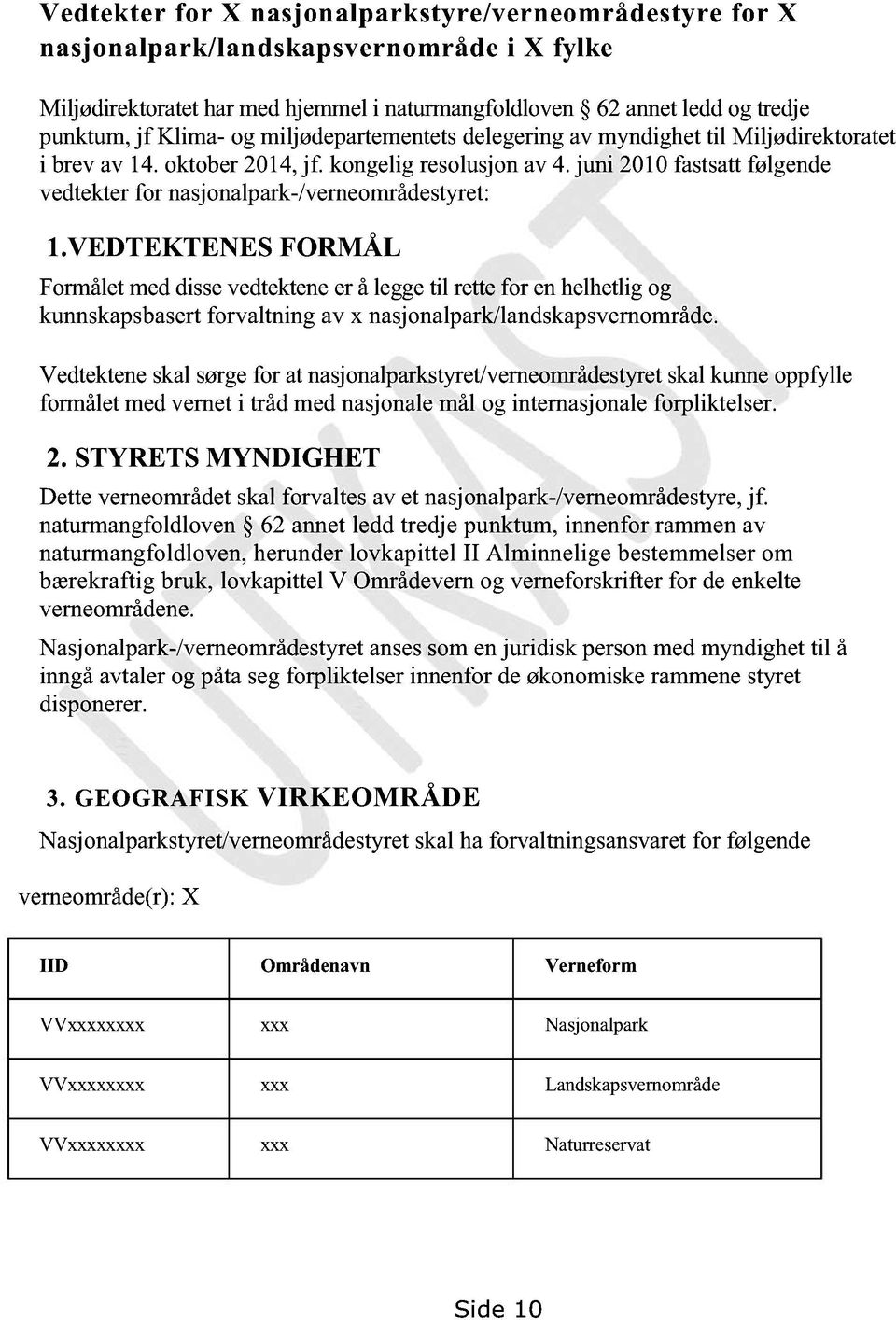 VEDTEKTENES FORMÅL Formåletmeddissevedtekteneer å leggetil rettefor enhelhetligog kunnskapsbasert forvaltning av x nasjonalpark/landskapsvernområde.