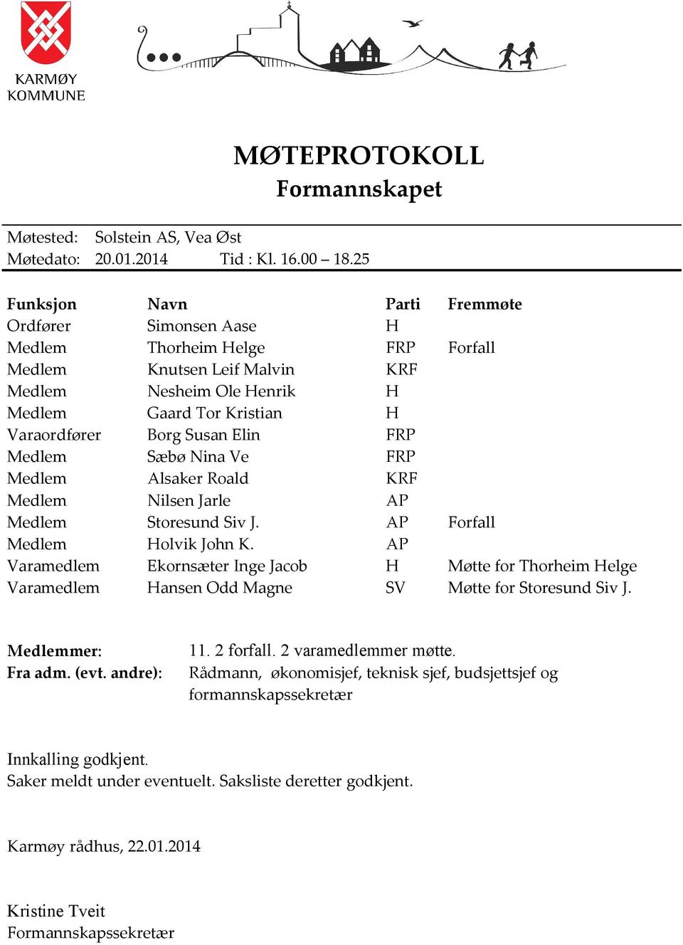 Susan Elin FRP Medlem Sæbø Nina Ve FRP Medlem Alsaker Roald KRF Medlem Nilsen Jarle AP Medlem Storesund Siv J. AP Forfall Medlem Holvik John K.