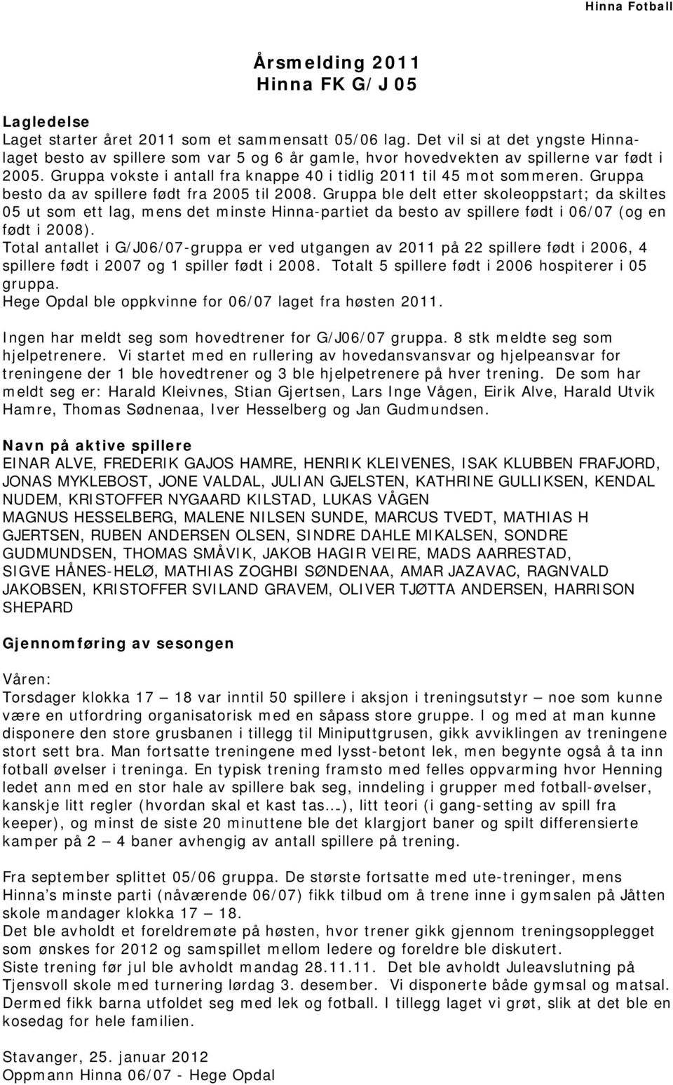 Gruppa besto da av spillere født fra 2005 til 2008.