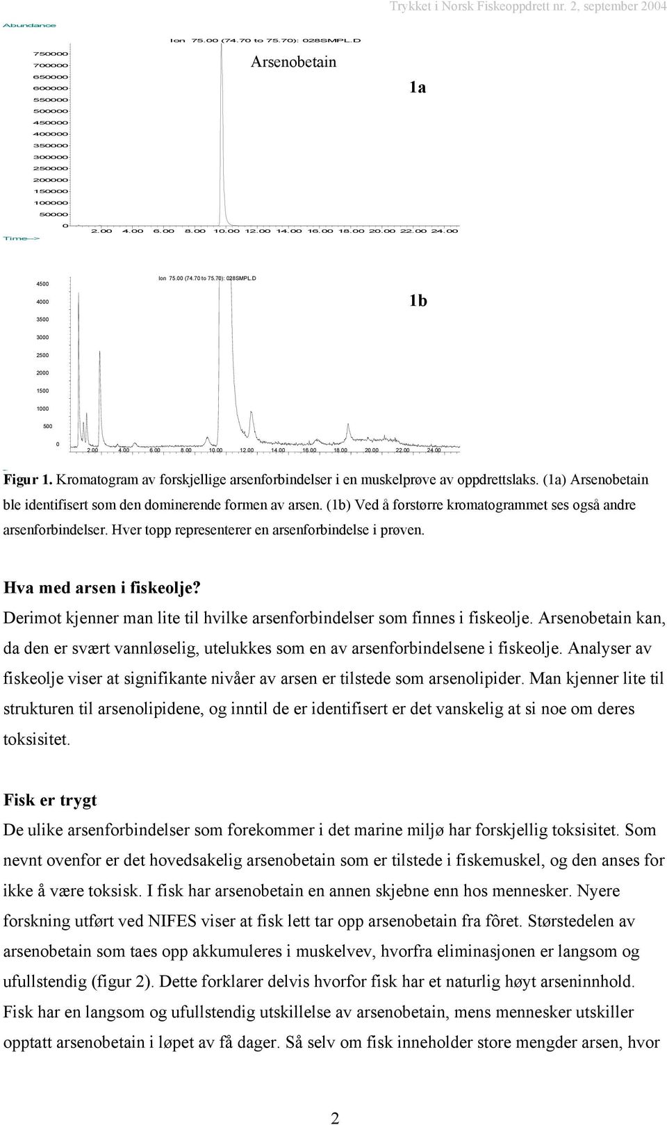 Kromatogram av forskjellige arsenforbindelser i en muskelprøve av oppdrettslaks. (1a) Arsenobetain ble identifisert som den dominerende formen av arsen.