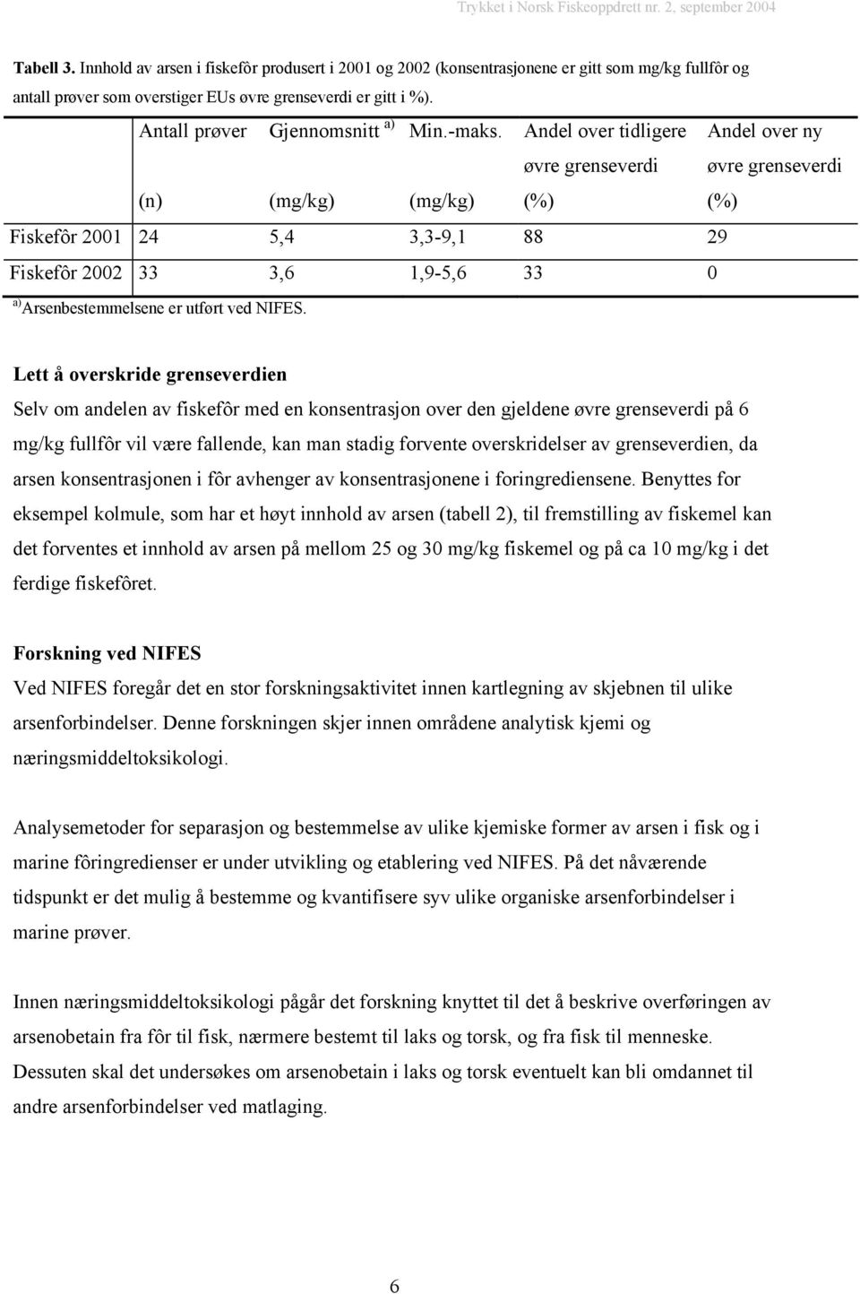 Andel over tidligere øvre grenseverdi (%) Andel over ny øvre grenseverdi (%) Fiskefôr 2001 24 5,4 3,3-9,1 88 29 Fiskefôr 2002 33 3,6 1,9-5,6 33 0 a) Arsenbestemmelsene er utført ved NIFES.