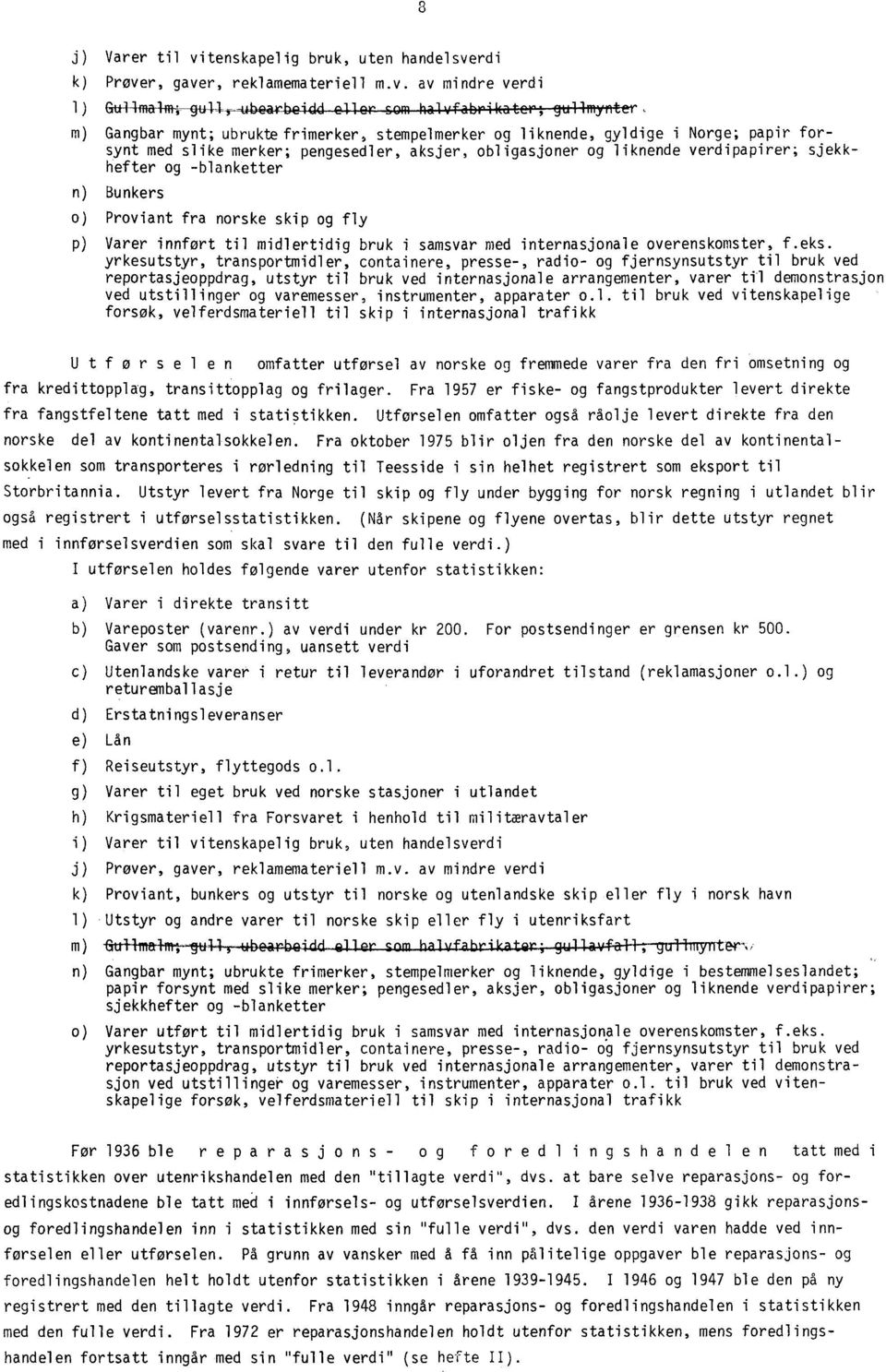 n) Bunkers o) Proviant fra norske skip og fly p) Varer innført til midlertidig bruk i samsvar med internasjonale overenskomster, f.eks.