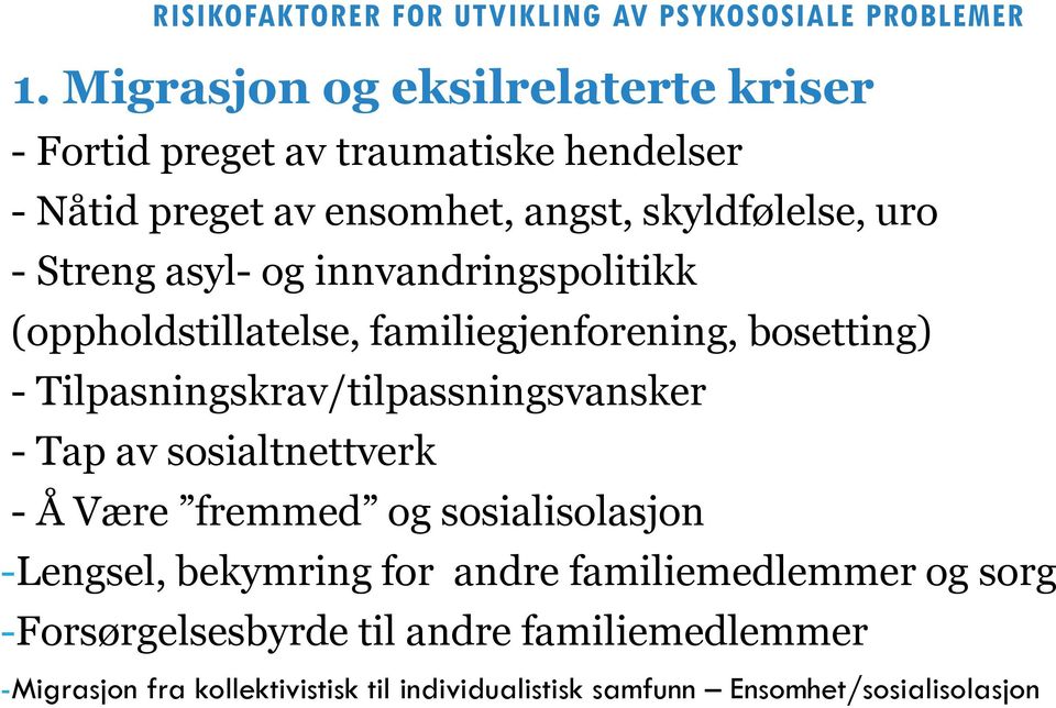 asyl- og innvandringspolitikk (oppholdstillatelse, familiegjenforening, bosetting) - Tilpasningskrav/tilpassningsvansker - Tap av