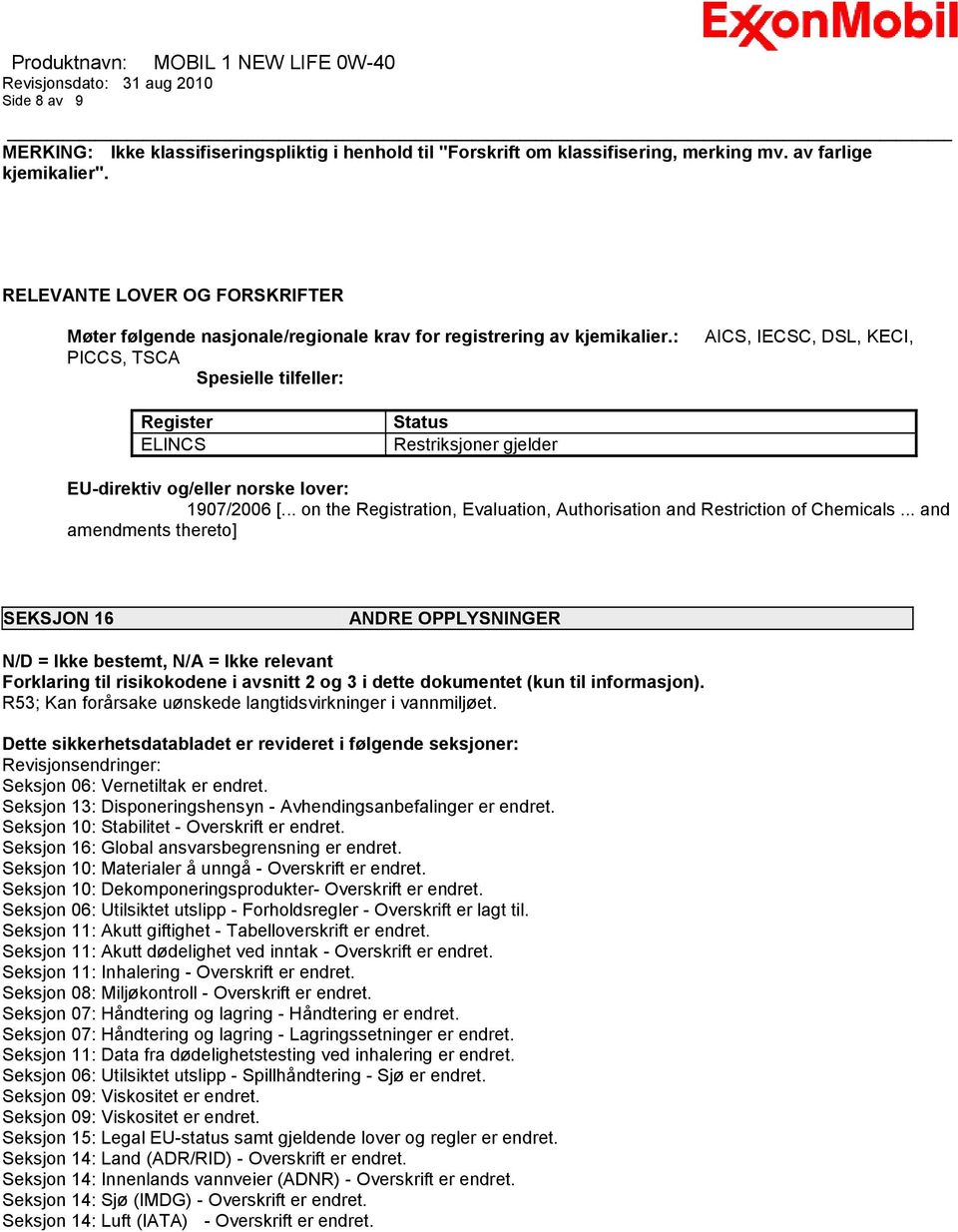 : PICCS, TSCA Spesielle tilfeller: AICS, IECSC, DSL, KECI, Register ELINCS Status Restriksjoner gjelder EU-direktiv og/eller norske lover: 1907/2006 [.