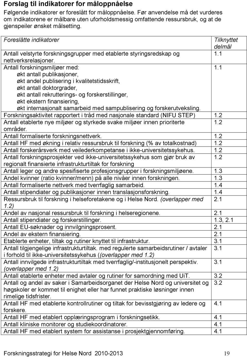 Foreslåtte indikatorer Tilknyttet delmål Antall velstyrte forskningsgrupper med etablerte styringsredskap og 1.1 nettverksrelasjoner. Antall forskningsmiljøer med: 1.