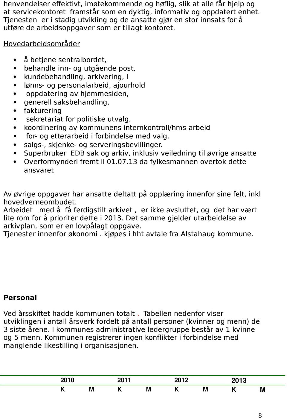 Hovedarbeidsområder å betjene sentralbordet, behandle inn- og utgående post, kundebehandling, arkivering, l lønns- og personalarbeid, ajourhold oppdatering av hjemmesiden, generell saksbehandling,