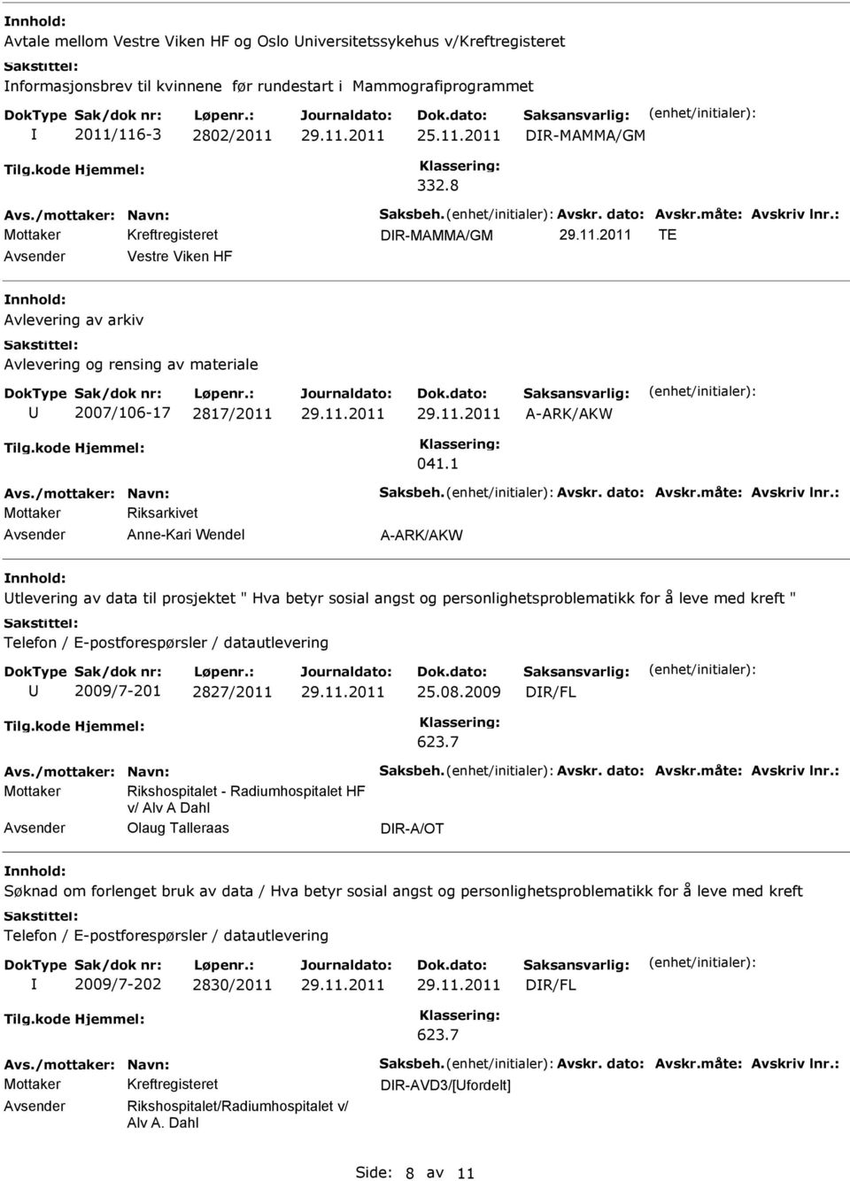 1 Mottaker Riksarkivet Anne-Kari Wendel A-ARK/AKW tlevering av data til prosjektet " Hva betyr sosial angst og personlighetsproblematikk for å leve med kreft " Telefon / E-postforespørsler /