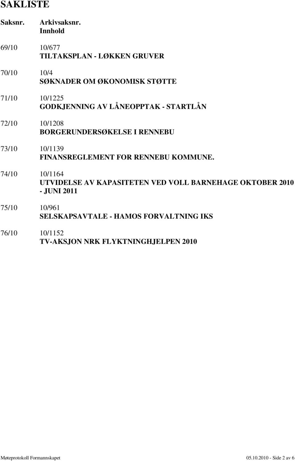 LÅNEOPPTAK - STARTLÅN 72/10 10/1208 BORGERUNDERSØKELSE I RENNEBU 73/10 10/1139 FINANSREGLEMENT FOR RENNEBU KOMMUNE.