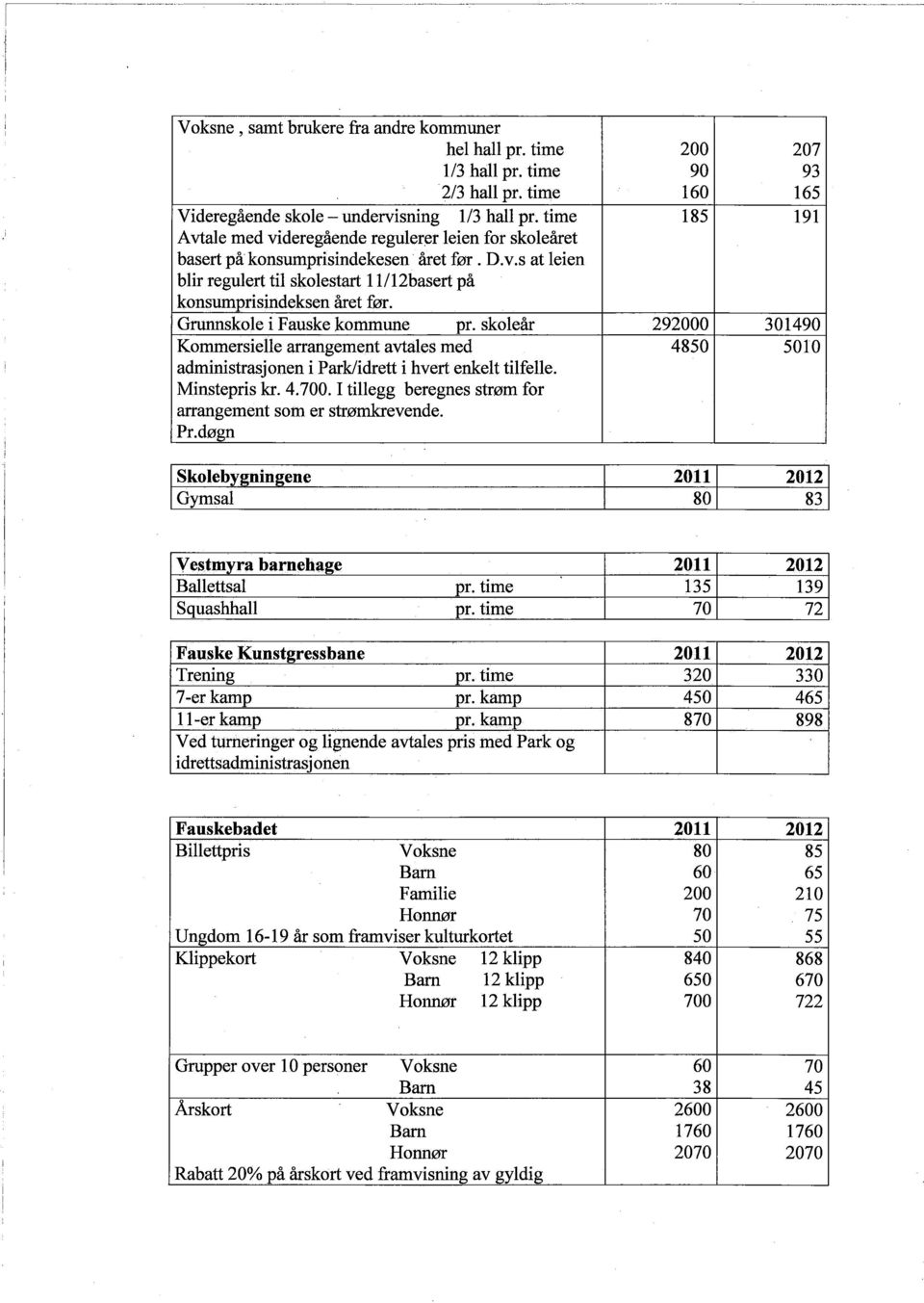 Gruskole i Fauske kommune pr. skoleår 292000 301490 Kommersielle arrangement avtales med 4850 5010 administrasjonen i Park/idrett i hvert enkelt tilfelle. Minstepris kr. 4.700.