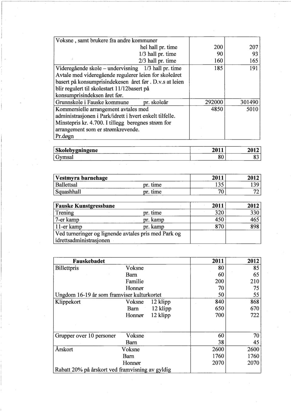 Grskole i Fauske kommune pr. skoleår 292000 301490 Kommersielle arrangement avtales med 4850 5010 adminìstrasjonen i Park/idrett i hvert enkelt tufelle. Minstepris kr. 4.700.