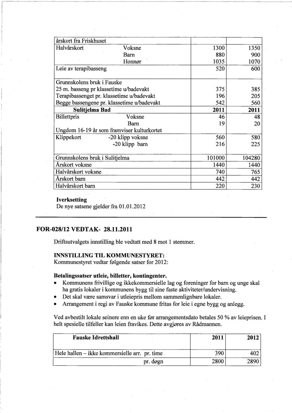 klassetime u/badevakt 542 560 Sulitjelma Bad 2011 2011 Bilettpris Voksne 46 48 Bar 19 20 Ungdom 16-19 år som framviser kulturkortet Klìppekort -20 klìpp voksne 560 580-20 klìpp barn 216 225