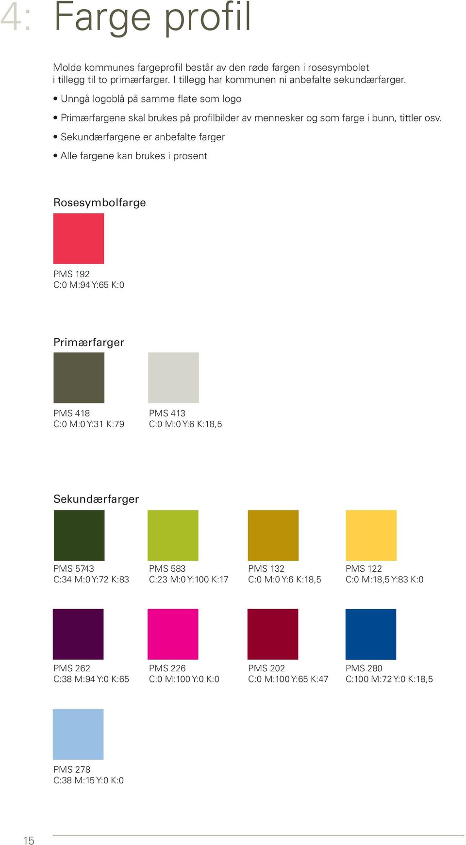 Sekundærfargene er anbefalte farger Alle fargene kan brukes i prosent Rosesymbolfarge PMS 192 C:0 M:94 Y:65 K:0 Primærfarger PMS 418 C:0 M:0 Y:31 K:79 PMS 413 C:0 M:0 Y:6 K:18,5