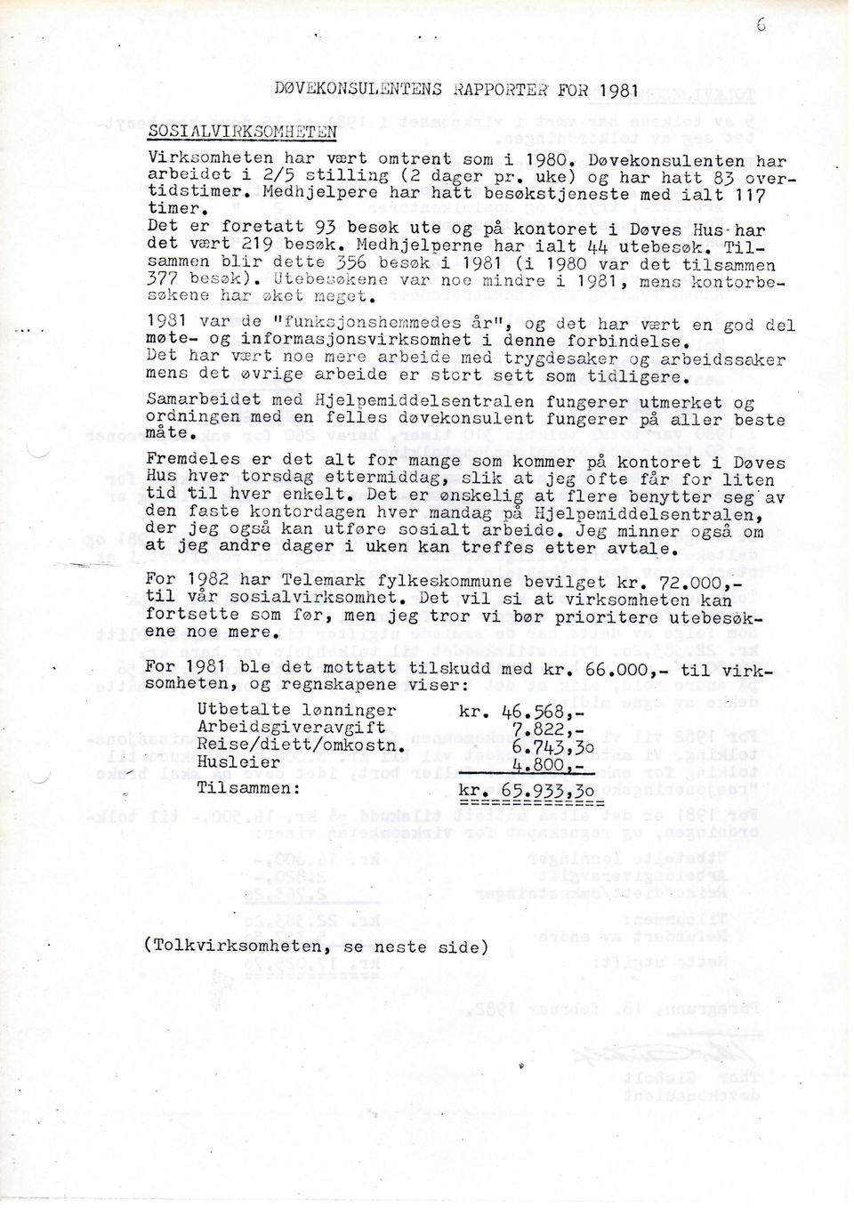 Medhjelperne har ialt 44 utebesok. Tilsammen blir dette 356 besak i 1981 (i 1980 var det tilsammen 377 besok). JiebeGoiieno var noo mindre i 1981 mens kontorbe- Gskene har skct megot.