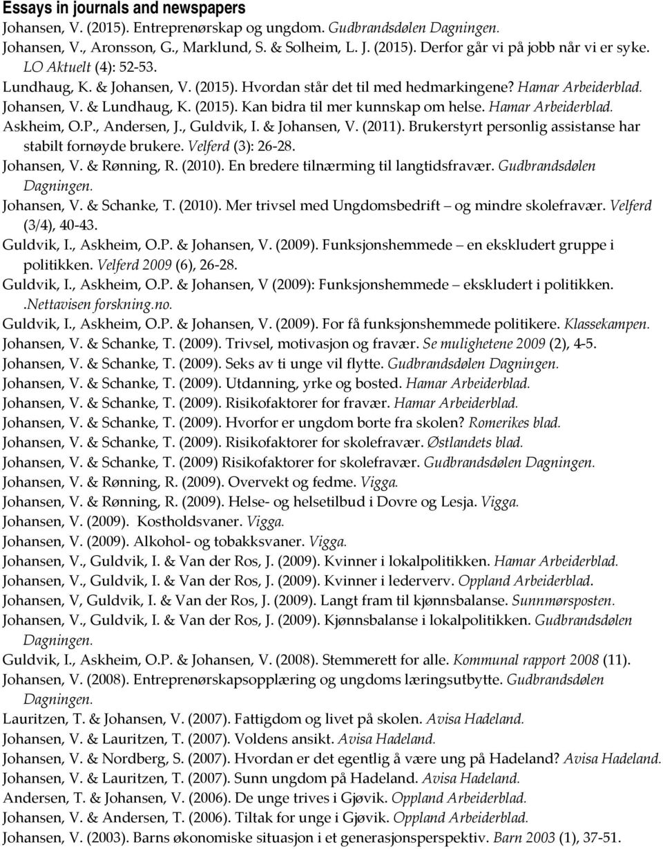 Hamar Arbeiderblad. Askheim, O.P., Andersen, J., Guldvik, I. & Johansen, V. (2011). Brukerstyrt personlig assistanse har stabilt fornøyde brukere. Velferd (3): 26 28. Johansen, V. & Rønning, R.