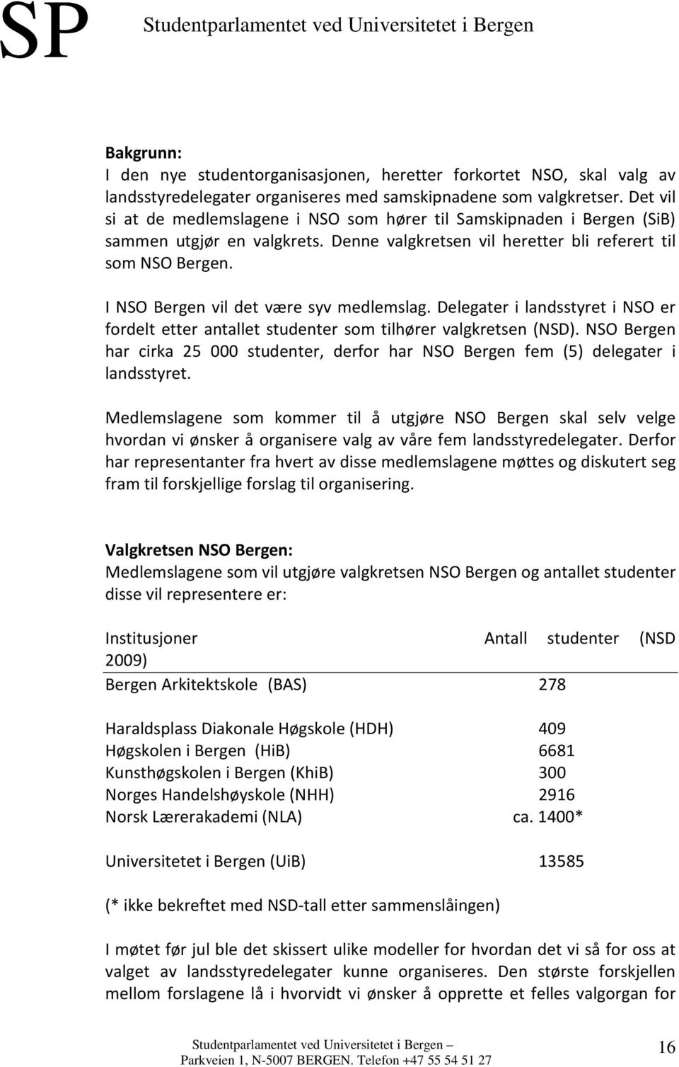 I NSO Bergen vil det være syv medlemslag. Delegater i landsstyret i NSO er fordelt etter antallet studenter som tilhører valgkretsen (NSD).