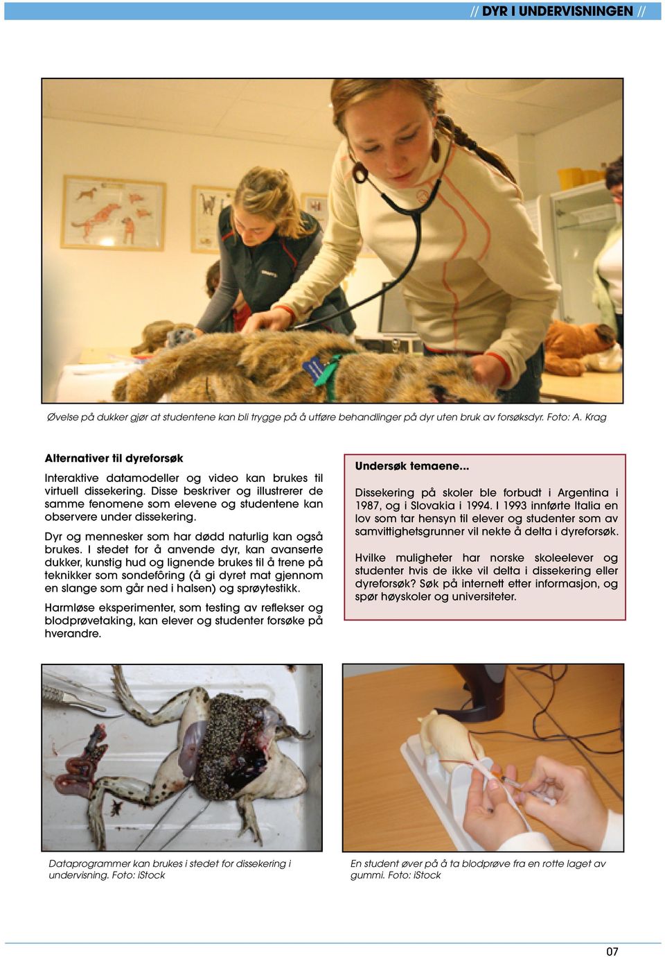 Disse beskriver og illustrerer de samme fenomene som elevene og studentene kan observere under dissekering. Dyr og mennesker som har dødd naturlig kan også brukes.