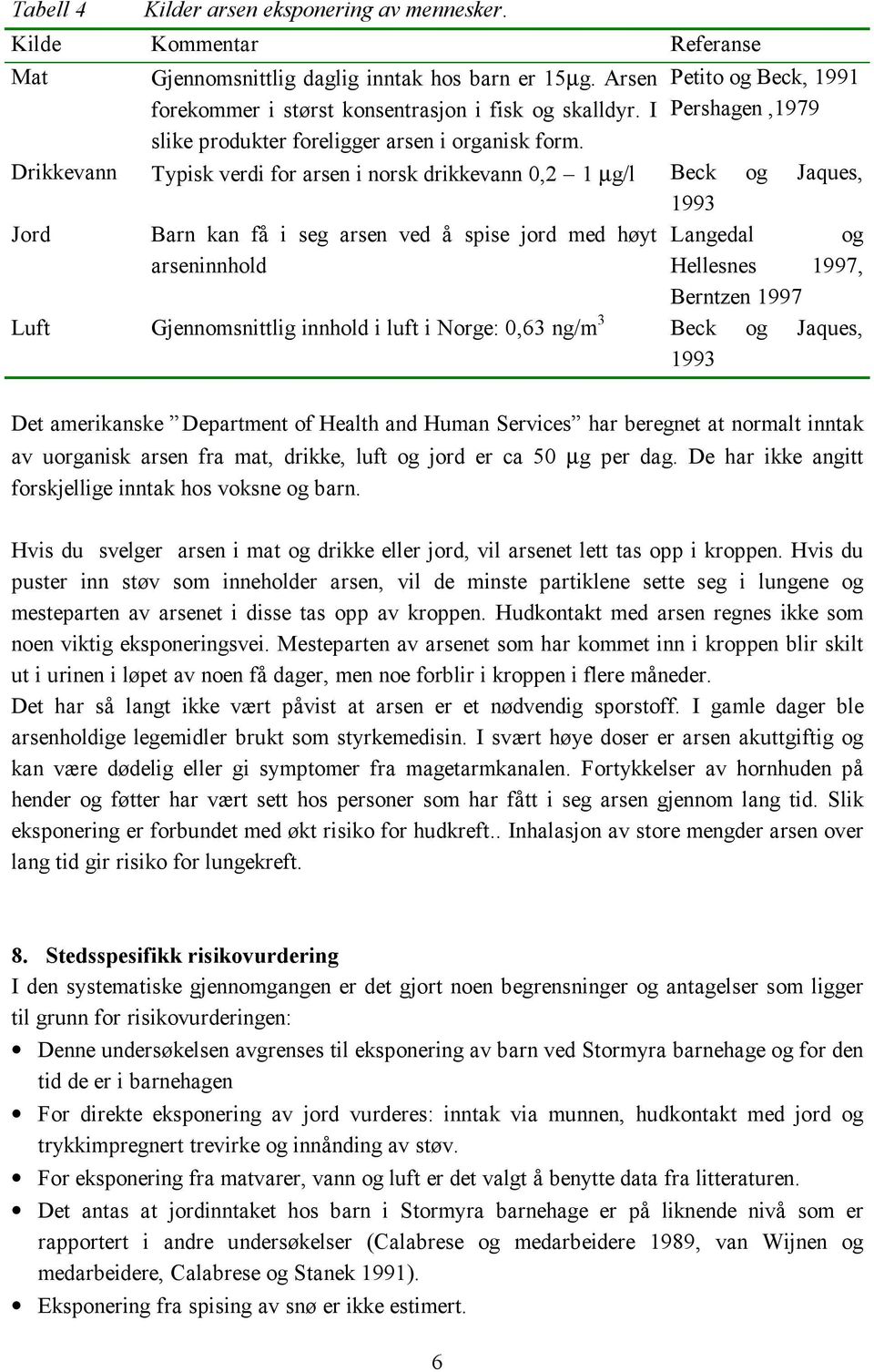 Petito og Beck, 1991 Pershagen,1979 Drikkevann Typisk verdi for arsen i norsk drikkevann 0,2 1 µg/l Beck og Jaques, 1993 Jord Barn kan få i seg arsen ved å spise jord med høyt Langedal og