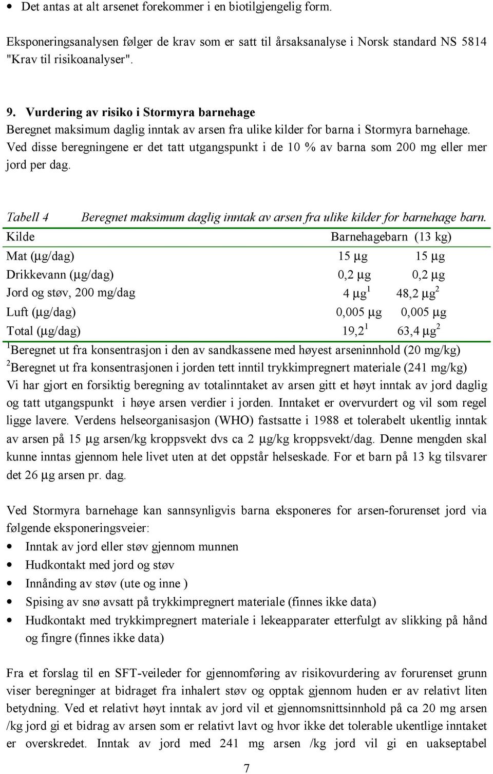 Ved disse beregningene er det tatt utgangspunkt i de 10 % av barna som 200 mg eller mer jord per dag. Tabell 4 Kilde Beregnet maksimum daglig inntak av arsen fra ulike kilder for barnehage barn.