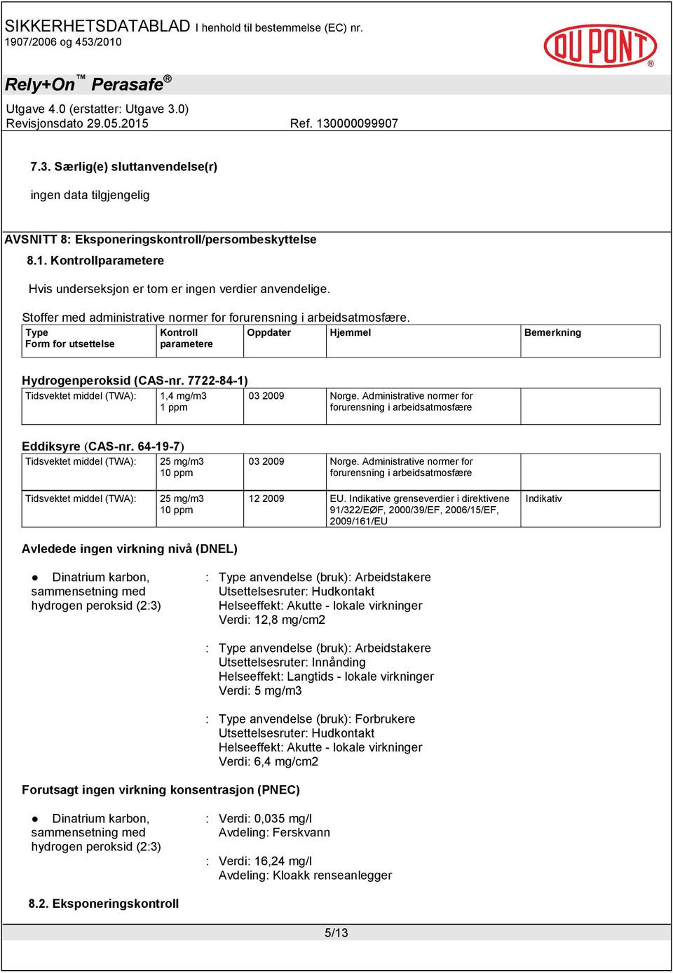7722-84-1) Tidsvektet middel (TWA): 1,4 mg/m3 1 ppm 03 2009 Norge. Administrative normer for forurensning i arbeidsatmosfære Eddiksyre (CAS-nr.