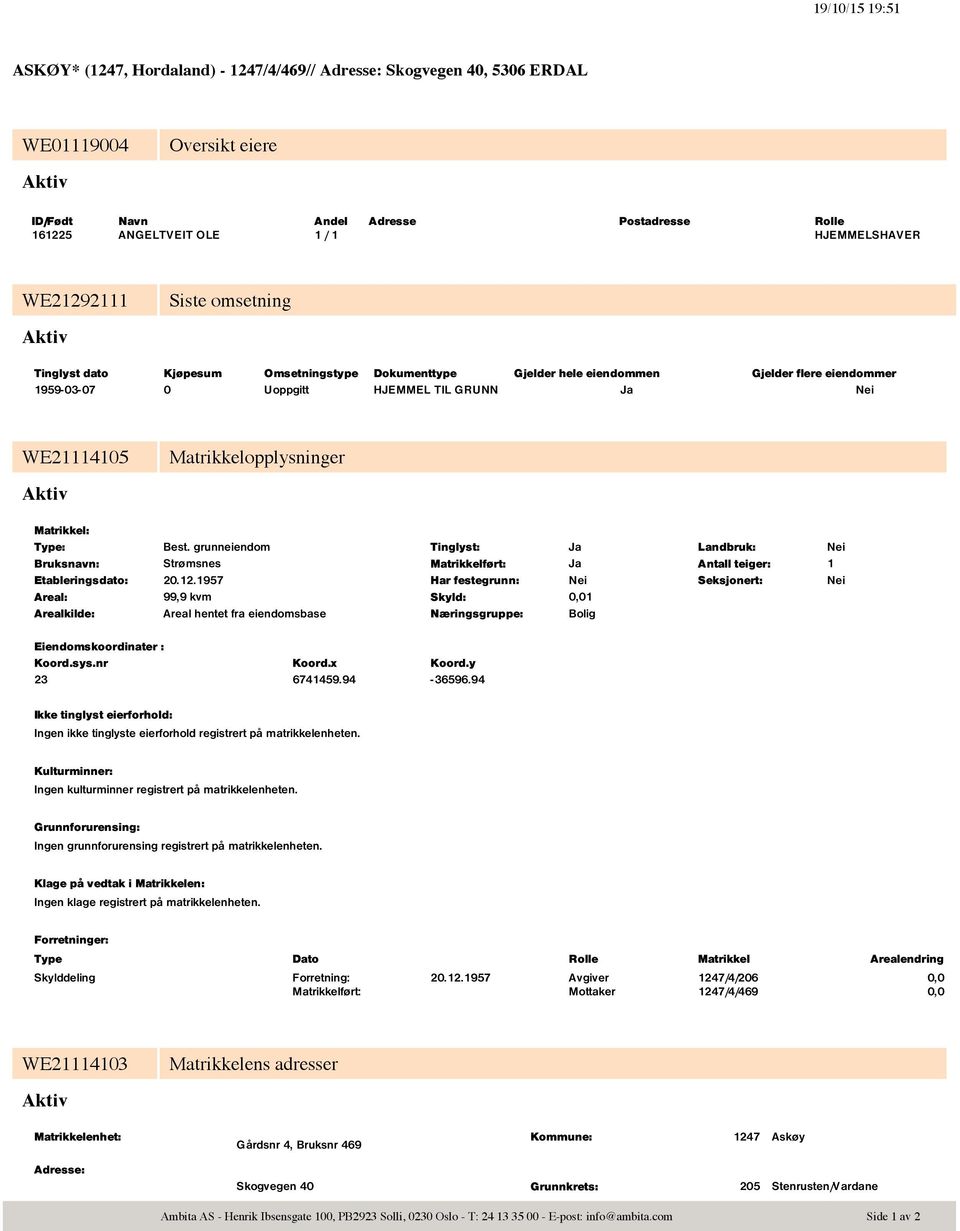 WE21114105 Matrikkelopplysninger Aktiv Matrikkel: Type: Best grunneiendom Tinglyst: Ja Landbruk: Nei Bruksnavn: Strømsnes Matrikkelført: Ja Antall teiger: 1 Etableringsdato: 20121957 Har festegrunn: