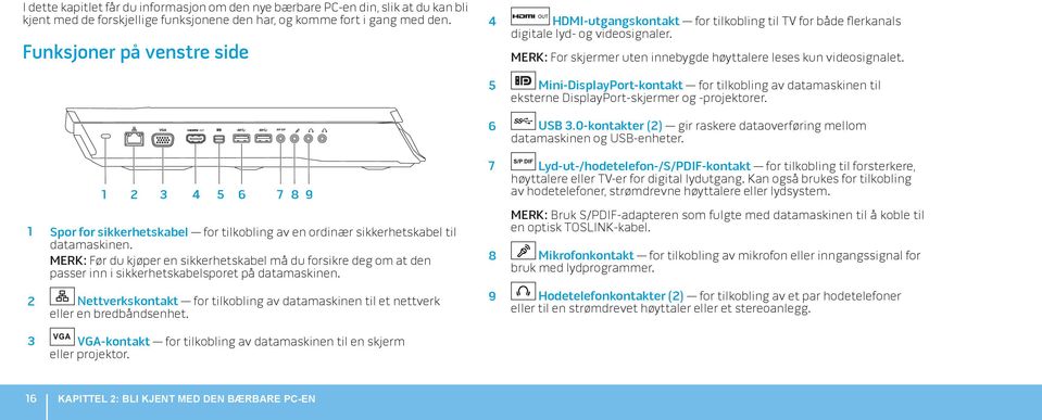 5 Mini-DisplayPort-kontakt for tilkobling av datamaskinen til eksterne DisplayPort-skjermer og -projektorer. 6 USB 3.0-kontakter (2) gir raskere dataoverføring mellom datamaskinen og USB-enheter.