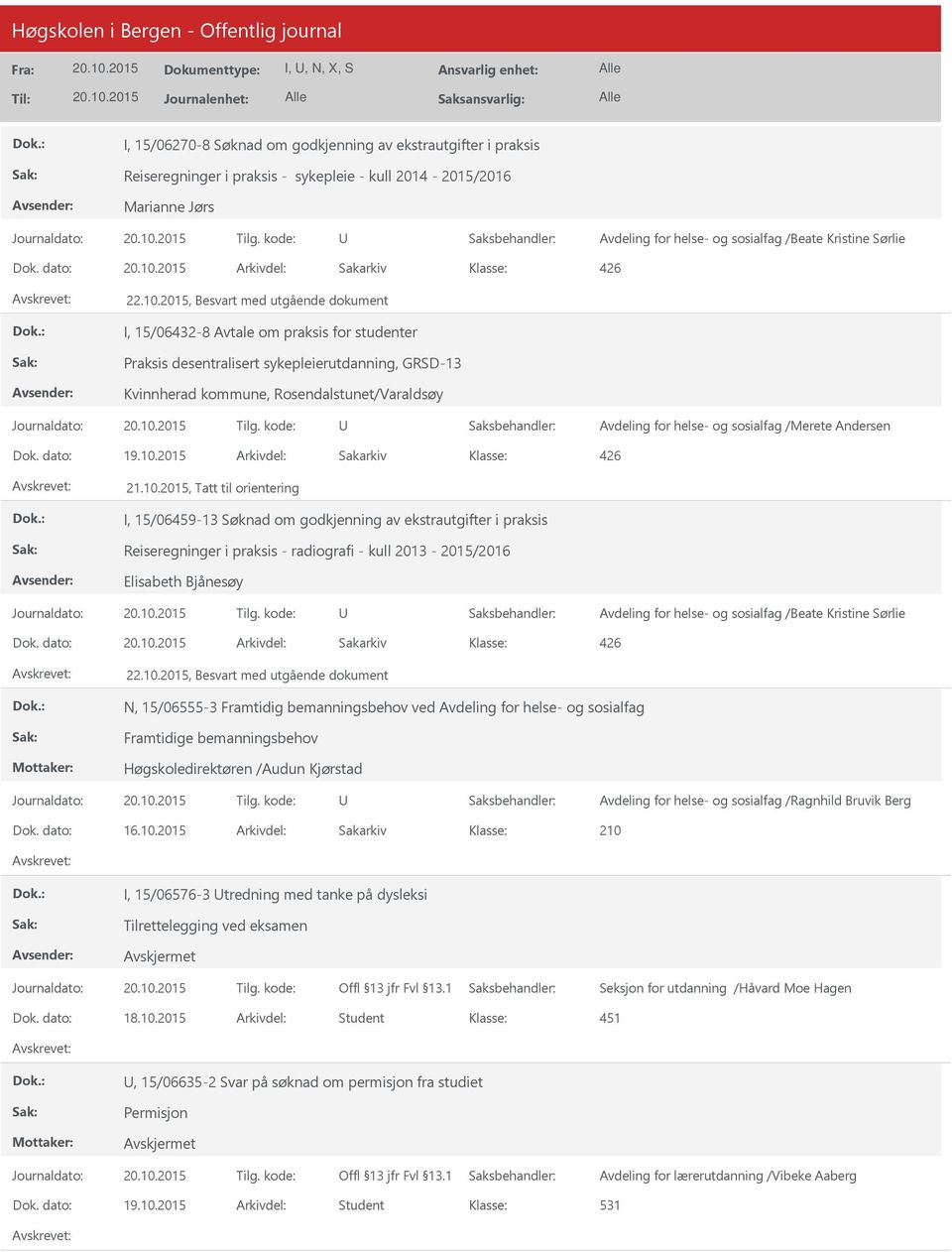 2015, Besvart med utgående dokument I, 15/06432-8 Avtale om praksis for studenter Praksis desentralisert sykepleierutdanning, GRSD-13 Kvinnherad kommune, Rosendalstunet/Varaldsøy Avdeling for helse-