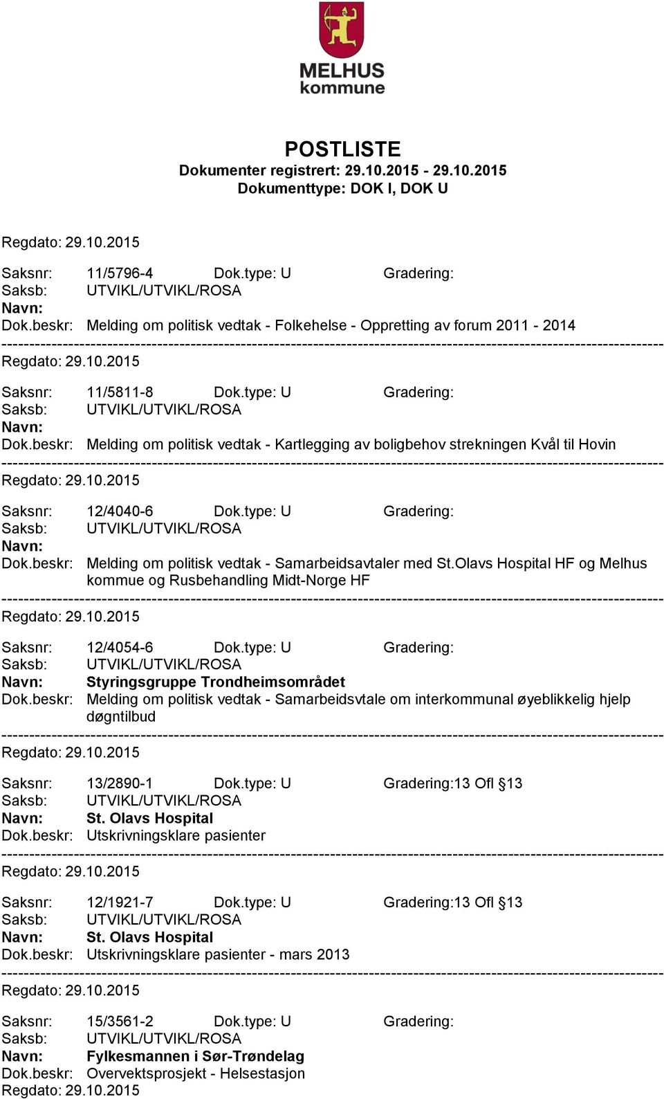 type: U Gradering: Styringsgruppe Trondheimsområdet Dok.beskr: Melding om politisk vedtak - Samarbeidsvtale om interkommunal øyeblikkelig hjelp døgntilbud Saksnr: 13/2890-1 Dok.