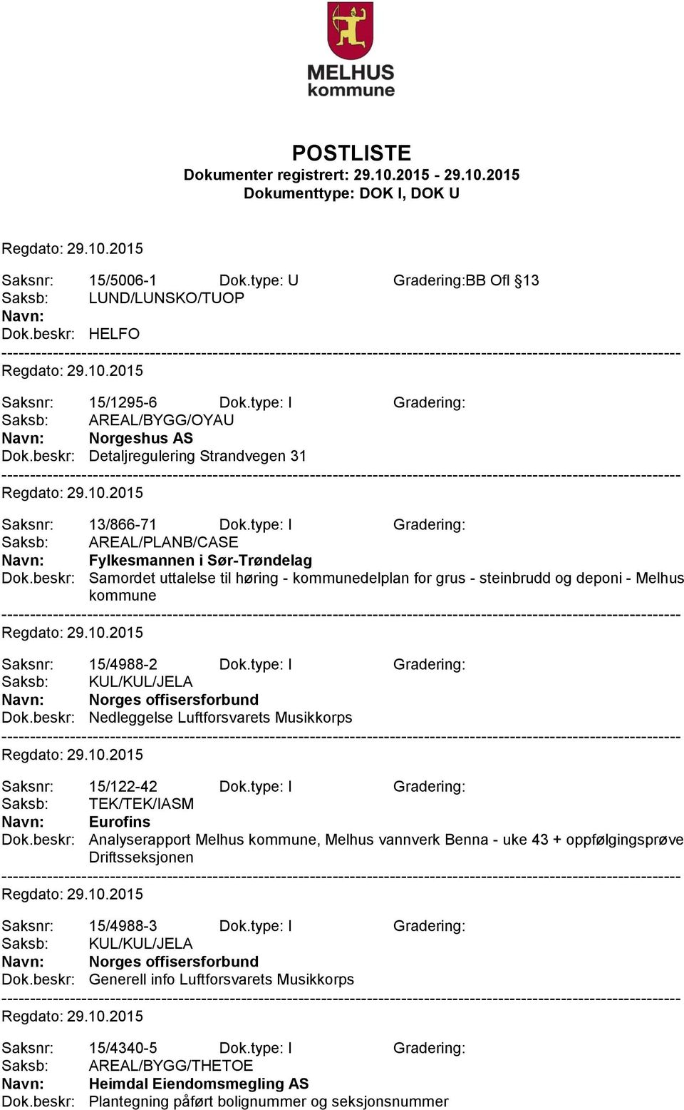 beskr: Samordet uttalelse til høring - kommunedelplan for grus - steinbrudd og deponi - Melhus kommune Saksnr: 15/4988-2 Dok.type: I Gradering: Saksb: KUL/KUL/JELA Norges offisersforbund Dok.