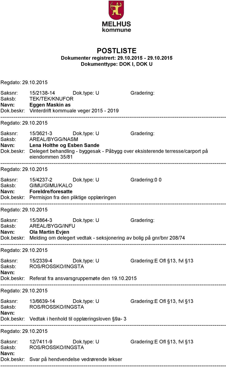 type: U Gradering:0 0 Saksb: GIMU/GIMU/KALO Foreldre/foresatte Dok.beskr: Permisjon fra den pliktige opplæringen Saksnr: 15/3864-3 Dok.type: U Gradering: Saksb: AREAL/BYGG/INFU Ola Martin Evjen Dok.