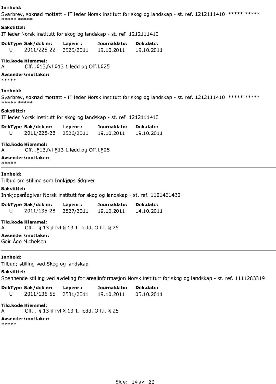 1212111410 2011/226-23 2526/2011 Tilbud om stilling som nnkjøpsrådgiver nnkjøpsrådgiver Norsk institutt for skog og landskap - st. ref. 1101461430 2011/135-28 2527/2011 14.10.2011 Off.l. 13 jf fvl 13 1.