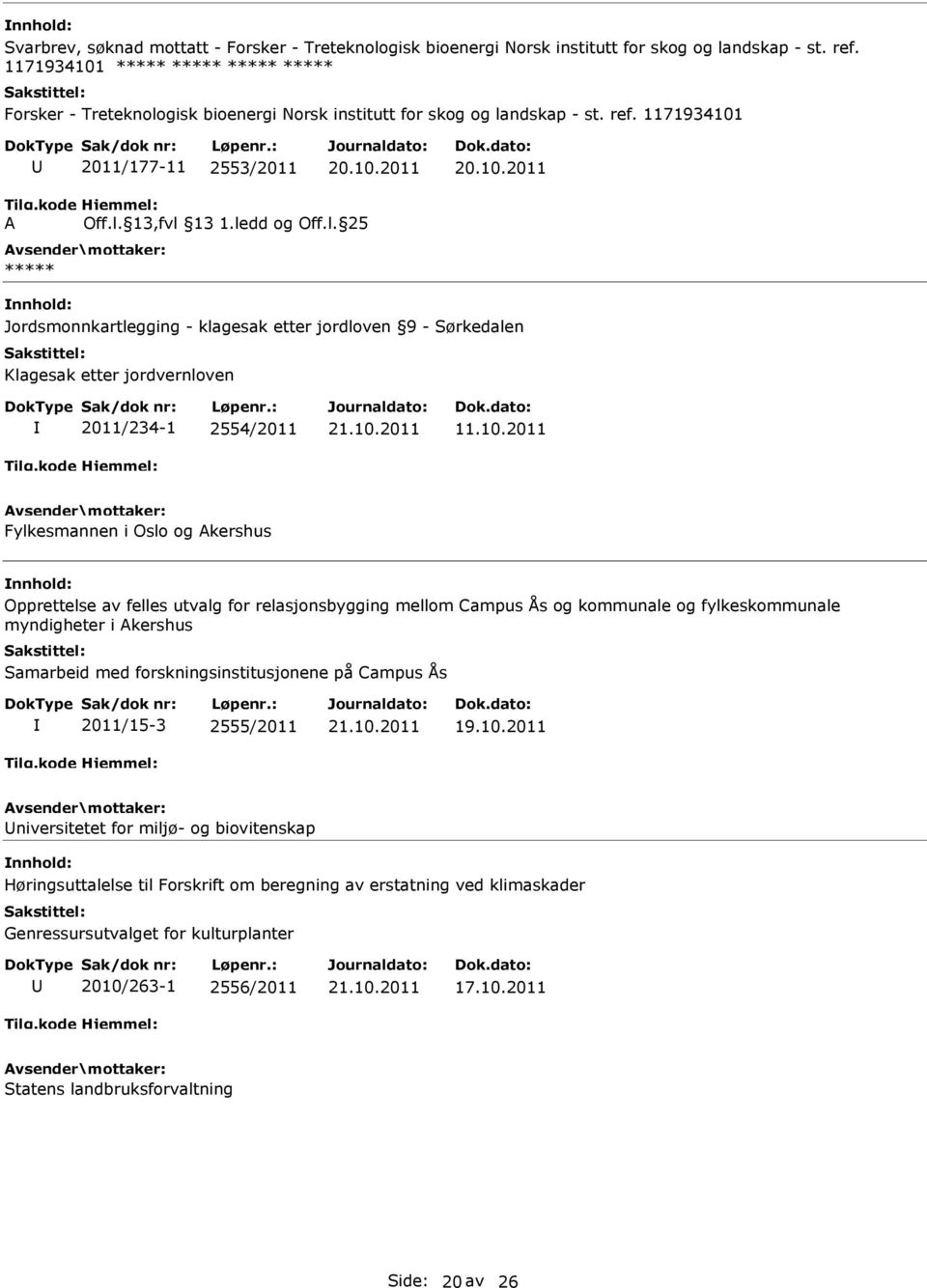 2011/177-11 2553/2011 Jordsmonnkartlegging - klagesak etter jordloven 9 - Sørkedalen Klagesak etter jordvernloven 2011/234-1 2554/2011 11.10.