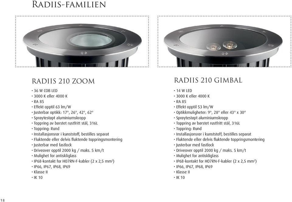 5 km/t Mulighet for antiskliglass IP68-kontakt for HO7RN-F-kabler (2 x 2,5 mm 2 ) IP66, IP67, IP68, IP69 Klasse II IK 10 RADIIS 210 GIMBAL 14 W 3000 K eller 4000 K RA 85 Effekt opptil 53 lm/w