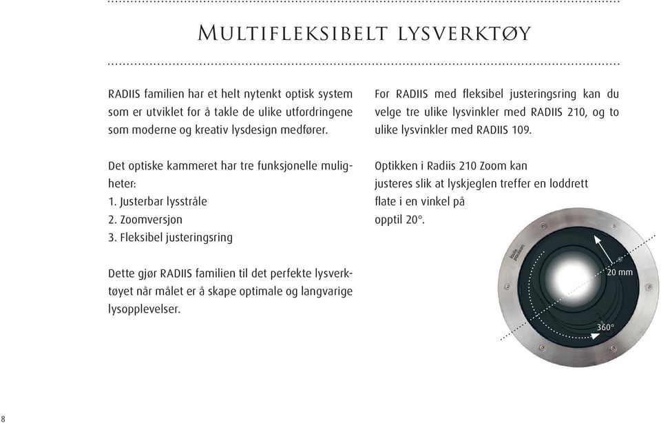 Det optiske kammeret har tre funksjonelle muligheter: 1. Justerbar lysstråle 2. Zoomversjon 3.