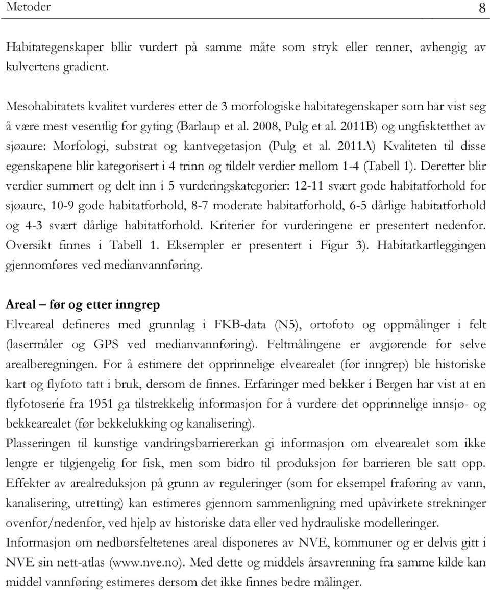 2011B) og ungfisktetthet av sjøaure: Morfologi, substrat og kantvegetasjon (Pulg et al. 2011A) Kvaliteten til disse egenskapene blir kategorisert i 4 trinn og tildelt verdier mellom 1-4 (Tabell 1).