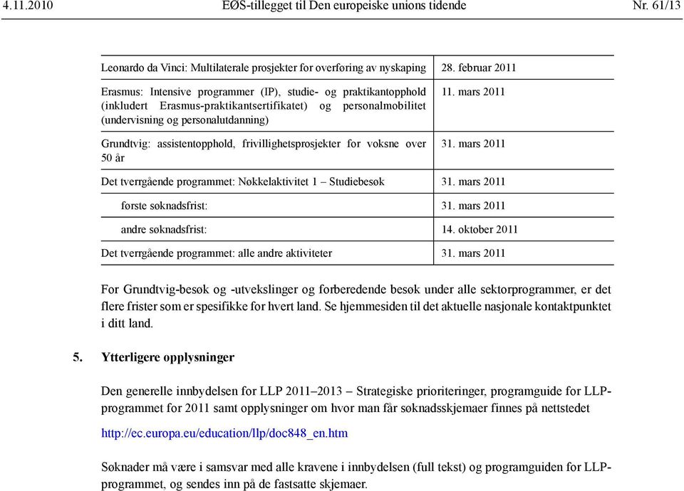 assistentopphold, frivillighetsprosjekter for voksne over 50 år 11. mars 2011 31. mars 2011 Det tverrgående programmet: Nøkkelaktivitet 1 Studiebesøk 31. mars 2011 første søknadsfrist: 31.