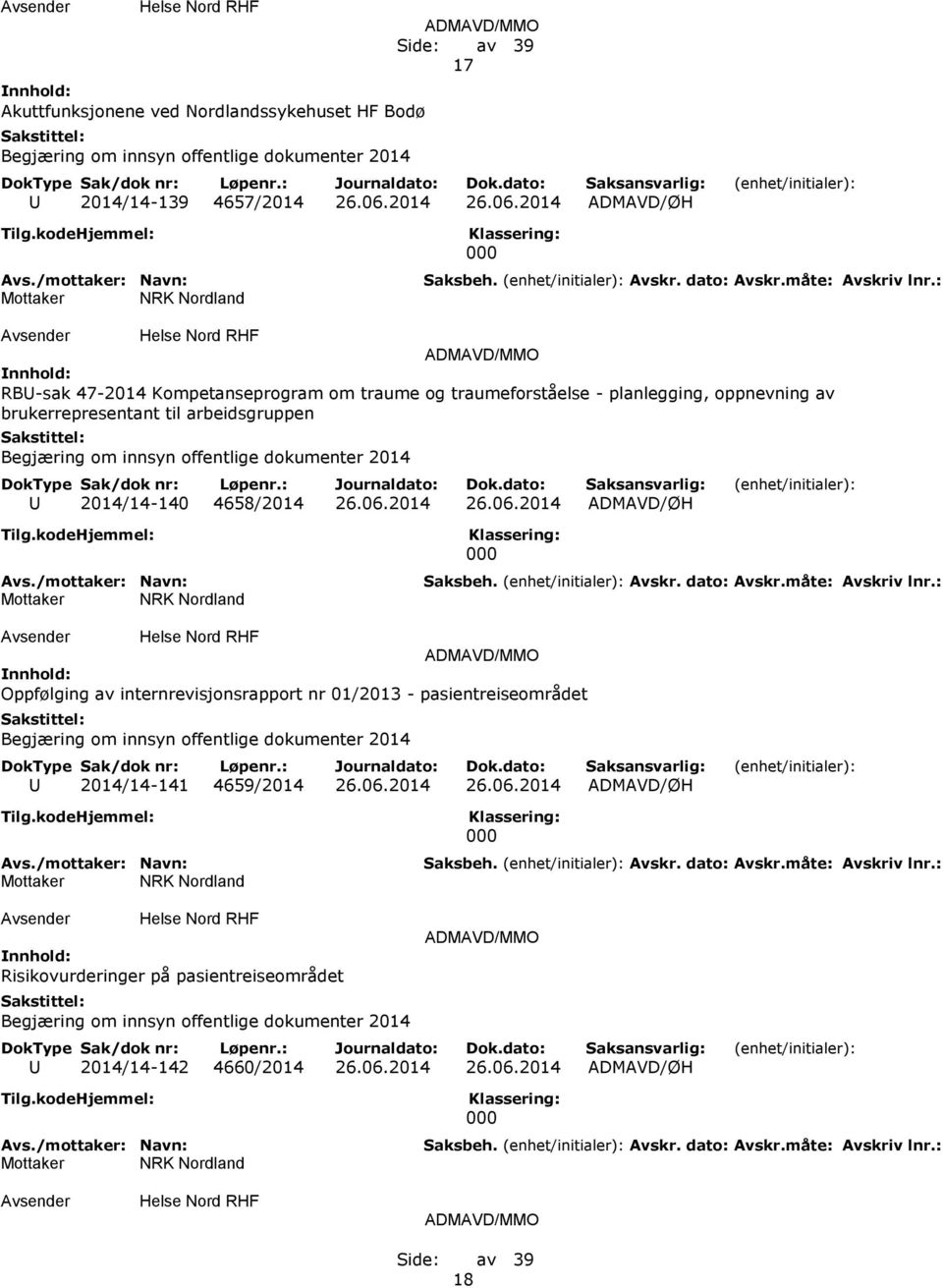 2014 ADMAVD/ØH NRK Nordland 000 ADMAVD/MMO RBU-sak 47-2014 Kompetanseprogram om traume og traumeforståelse - planlegging, oppnevning av brukerrepresentant til arbeidsgruppen Begjæring om innsyn