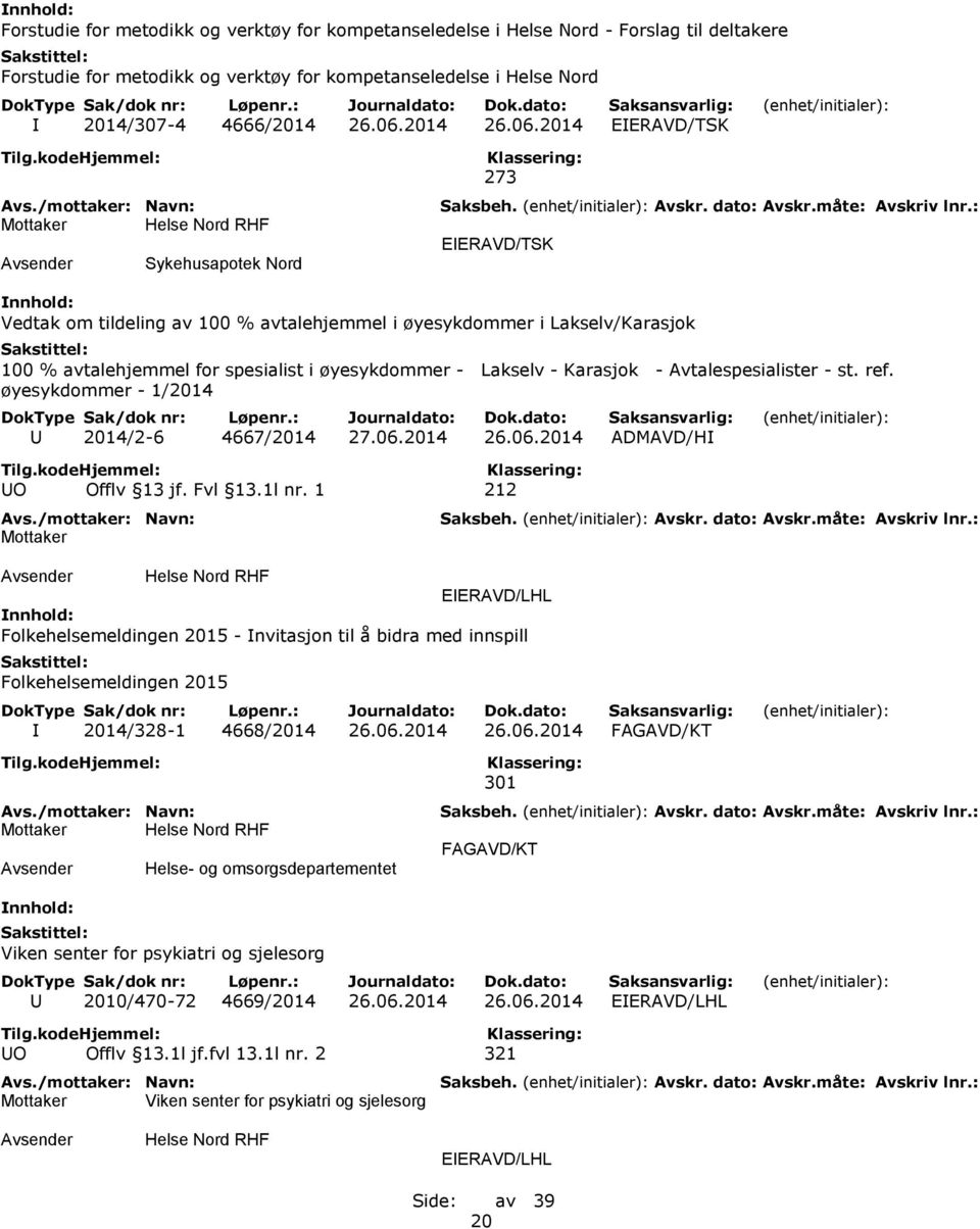 2014 EIERAVD/TSK Sykehusapotek Nord 273 EIERAVD/TSK Vedtak om tildeling av 100 % avtalehjemmel i øyesykdommer i Lakselv/Karasjok 100 % avtalehjemmel for spesialist i øyesykdommer - Lakselv - Karasjok