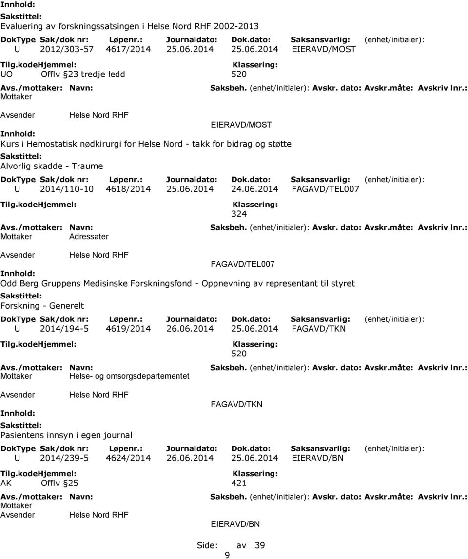 2014 UO Offlv 23 tredje ledd 520 Kurs i Hemostatisk nødkirurgi for Helse Nord - takk for bidrag og støtte Alvorlig skadde - Traume U 2014/110-10 4618/2014 24.