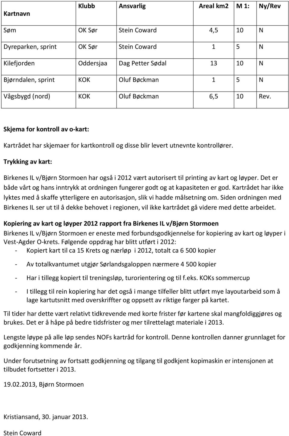 Trykking av kart: Birkenes IL v/bjørn Stormoen har også i 2012 vært autorisert til printing av kart og løyper. Det er både vårt og hans inntrykk at ordningen fungerer godt og at kapasiteten er god.