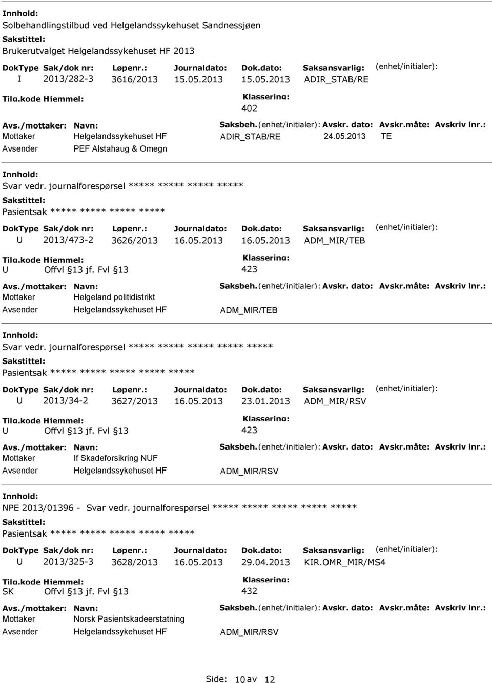 dato: Avskr.måte: Avskriv lnr.: Mottaker Helgeland politidistrikt ADM_MR/TEB Svar vedr. journalforespørsel ***** ***** ***** ***** ***** 2013/34-2 3627/2013 23.01.2013 ADM_MR/RSV Avs.